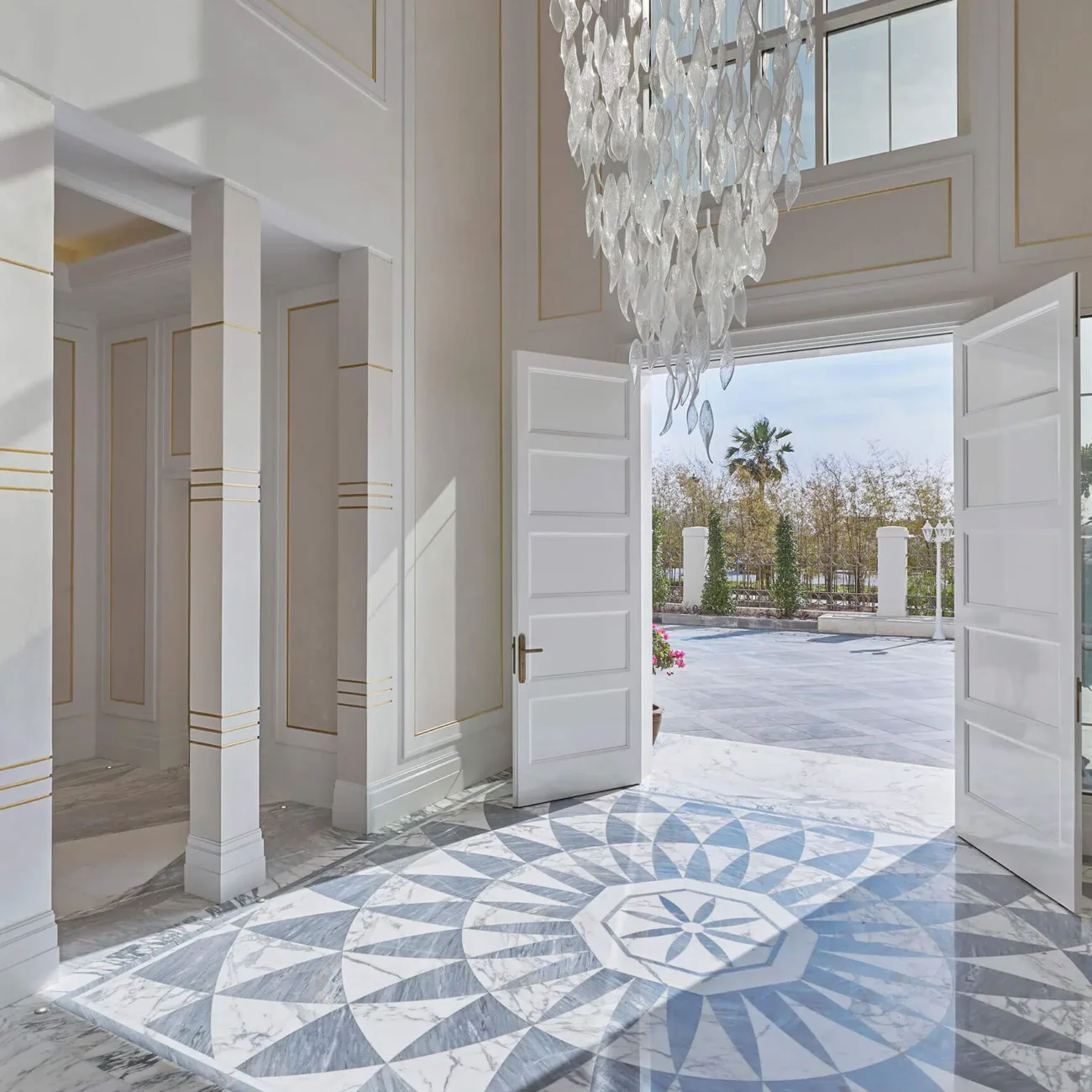 Luxury private villa façade with landscaped surroundings