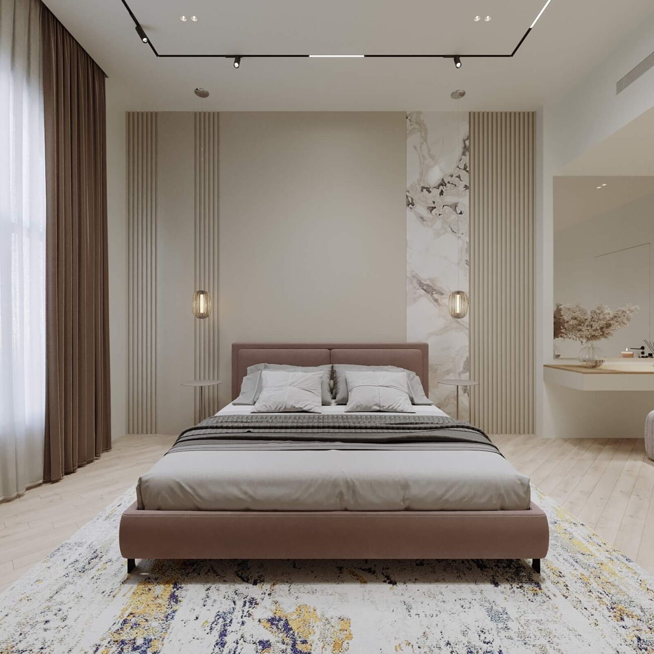 Guest bedroom with wardrobe and natural lighting in Meydan Dubai villa