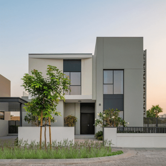 Modern villa exterior front view with landscaped entrance