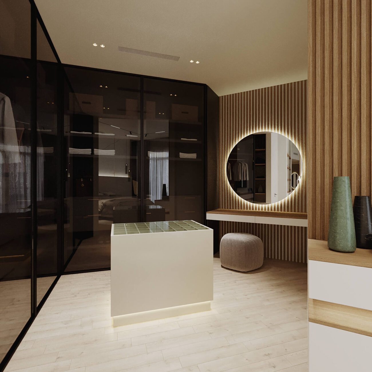 Built-in wardrobe in luxury bedroom of District 1 Meydan Dubai villa