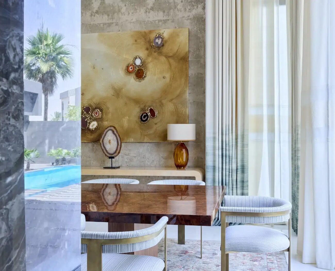 Stylish dining chair closeup in Nad Al Sheba luxury villa