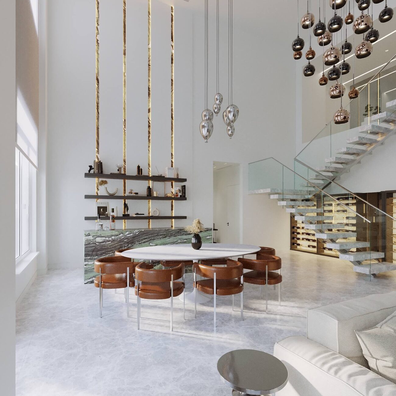 Modern furnished living area with large windows in District 1 Meydan Dubai