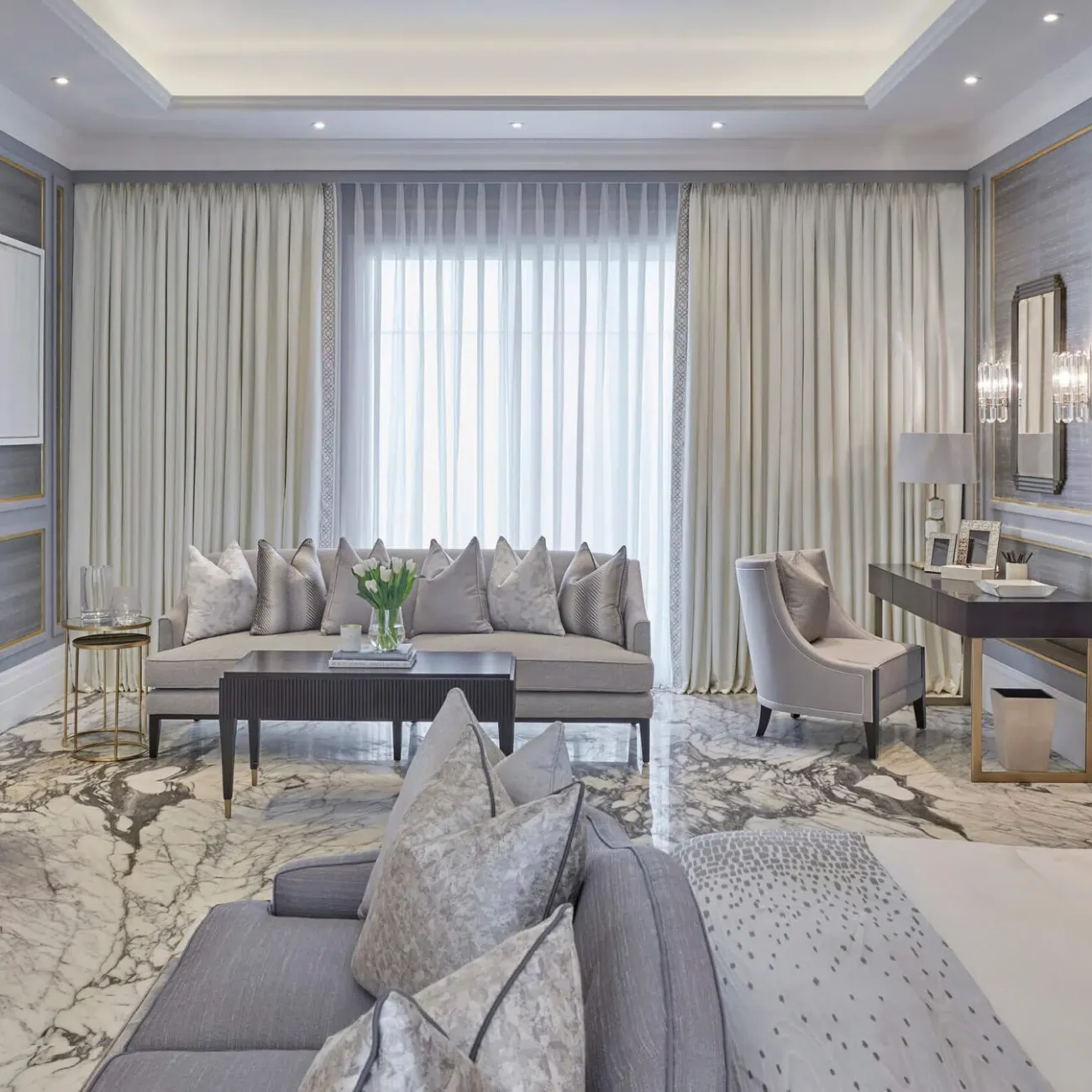 Contemporary living room design with large windows