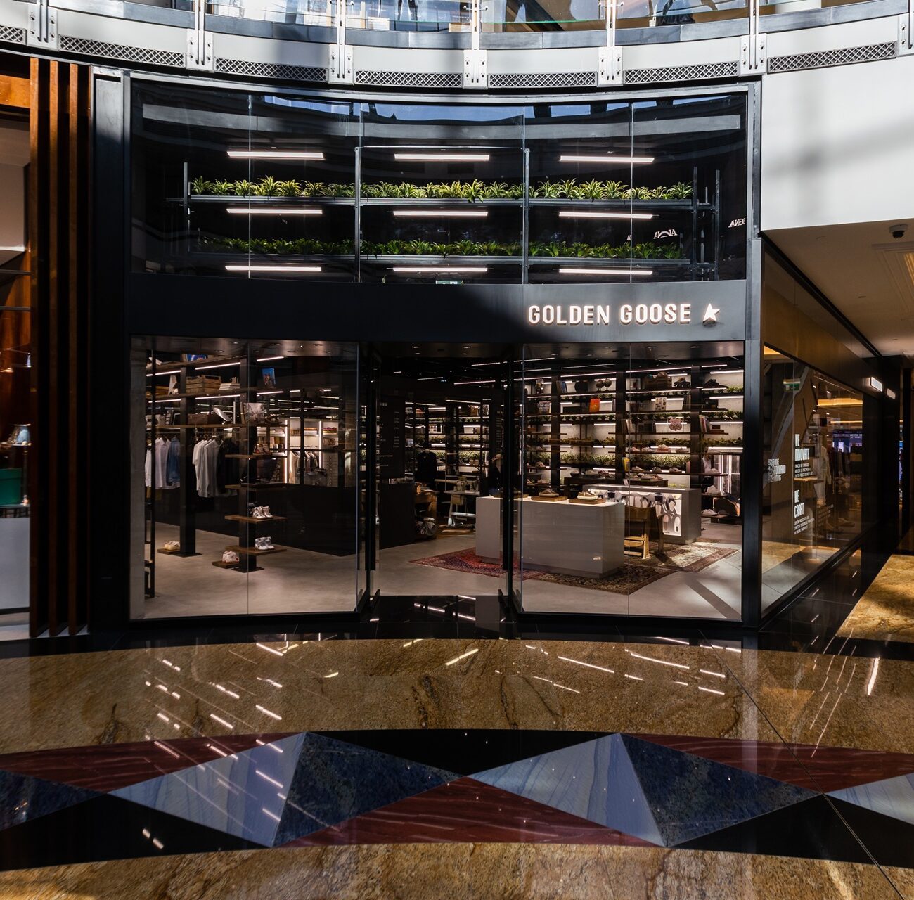 Golden Goose retail store entrance design with modern aesthetics