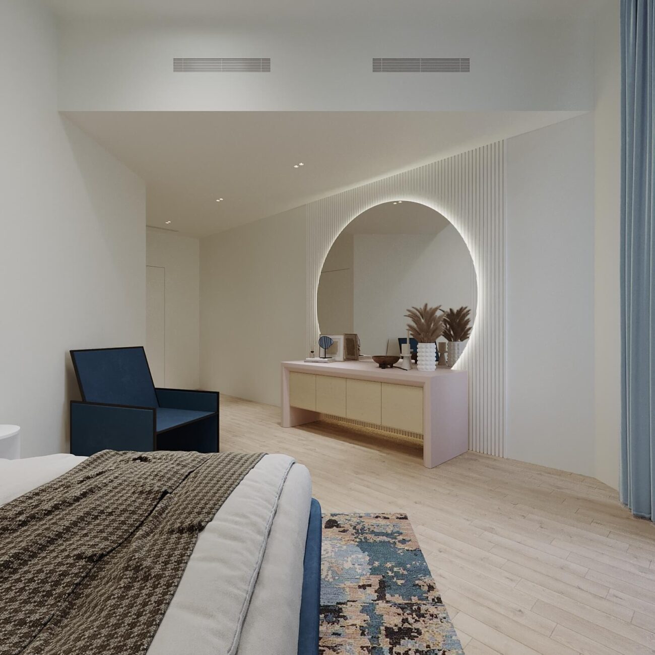 Modern furnished bedroom in luxury villa at District 1 Meydan Dubai