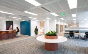 Spacious office lobby with seating arrangement