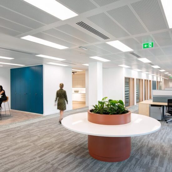 Spacious office lobby with seating arrangement