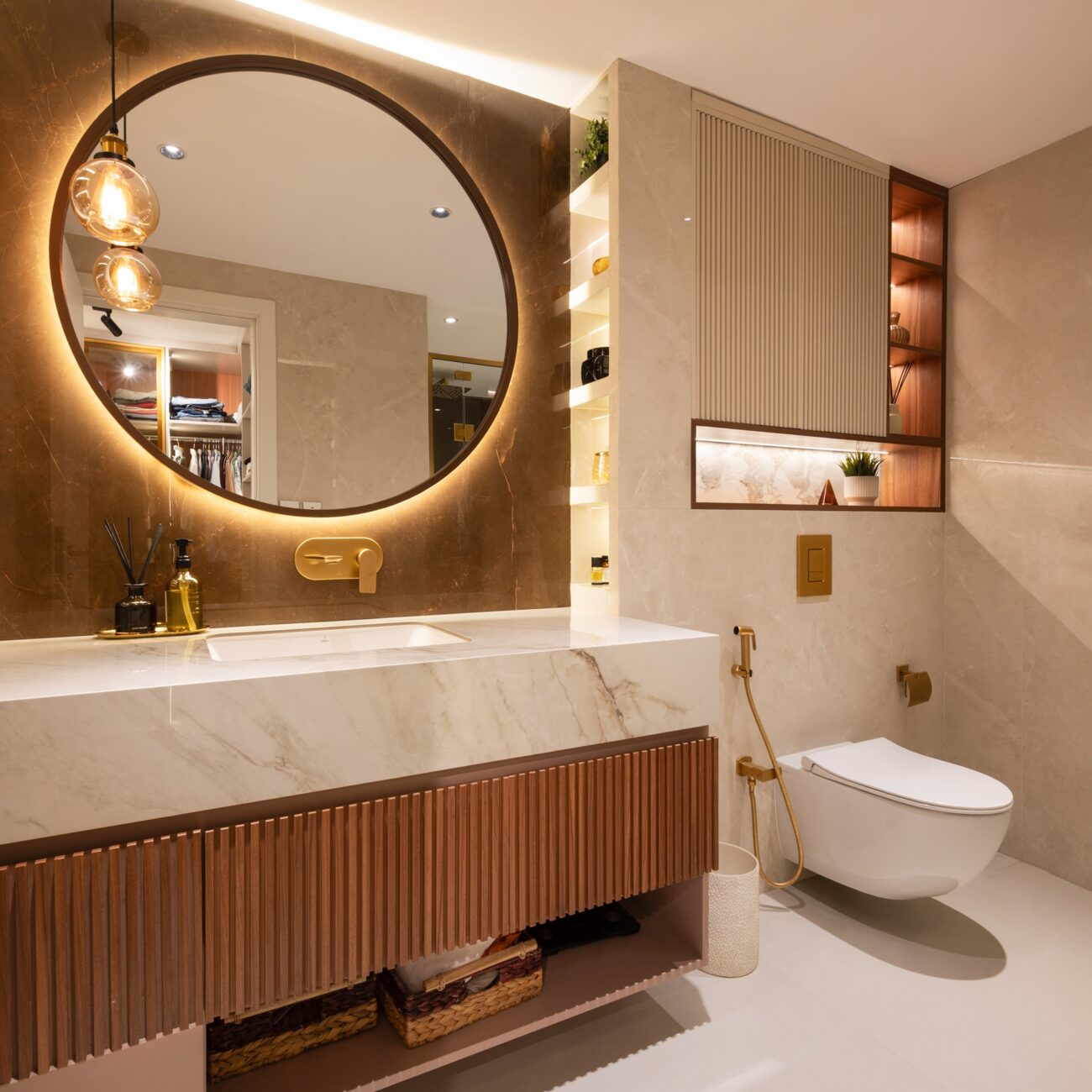 Contemporary washroom with vanity mirror and elegant fixtures in JVT Dubai