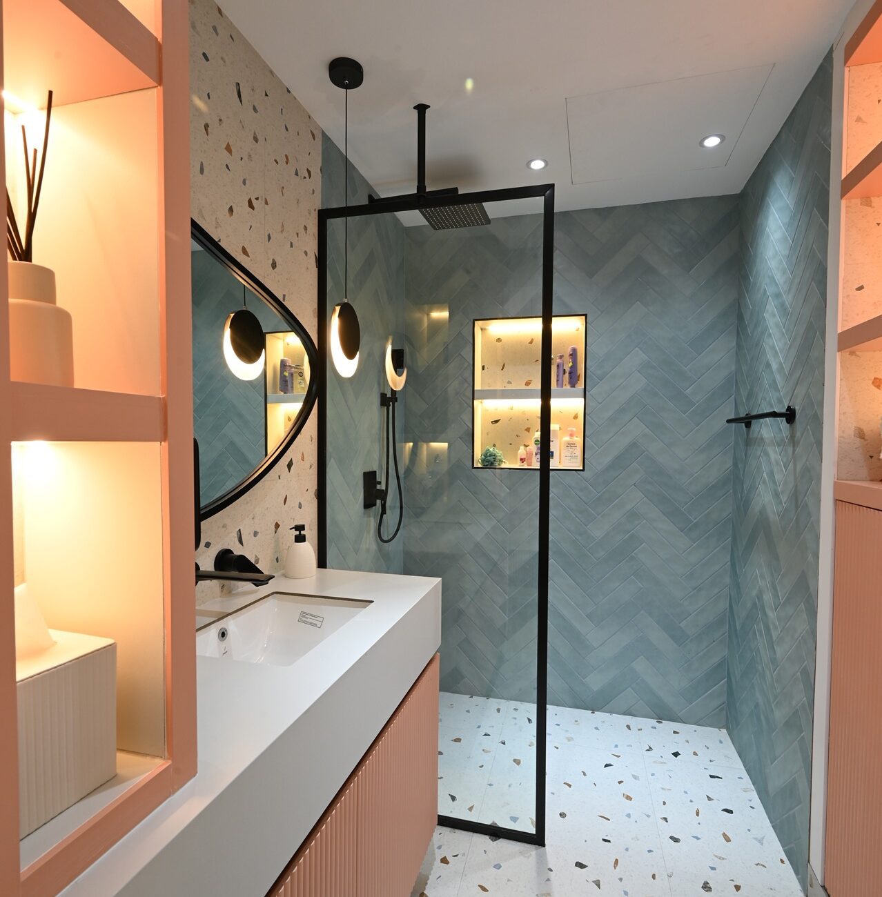 Kids’ bathroom with modern sink and bright tiles in Jumeirah Village Triangle villa