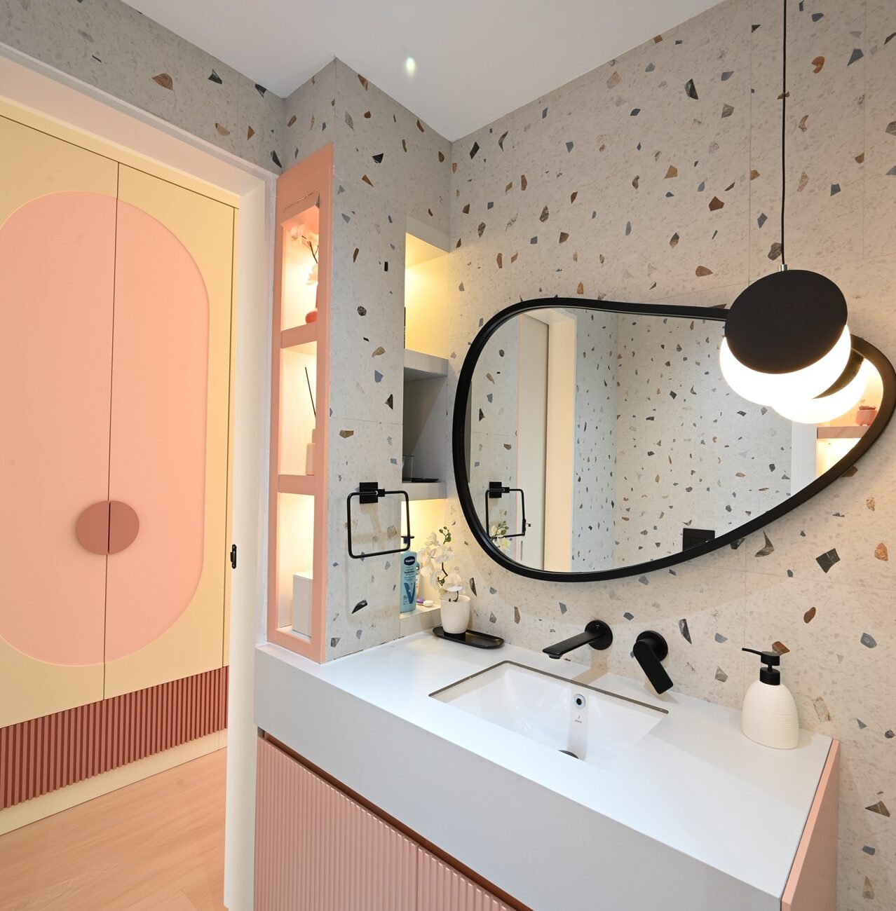 Stylish children’s washroom interior with vanity and playful design in Dubai villa